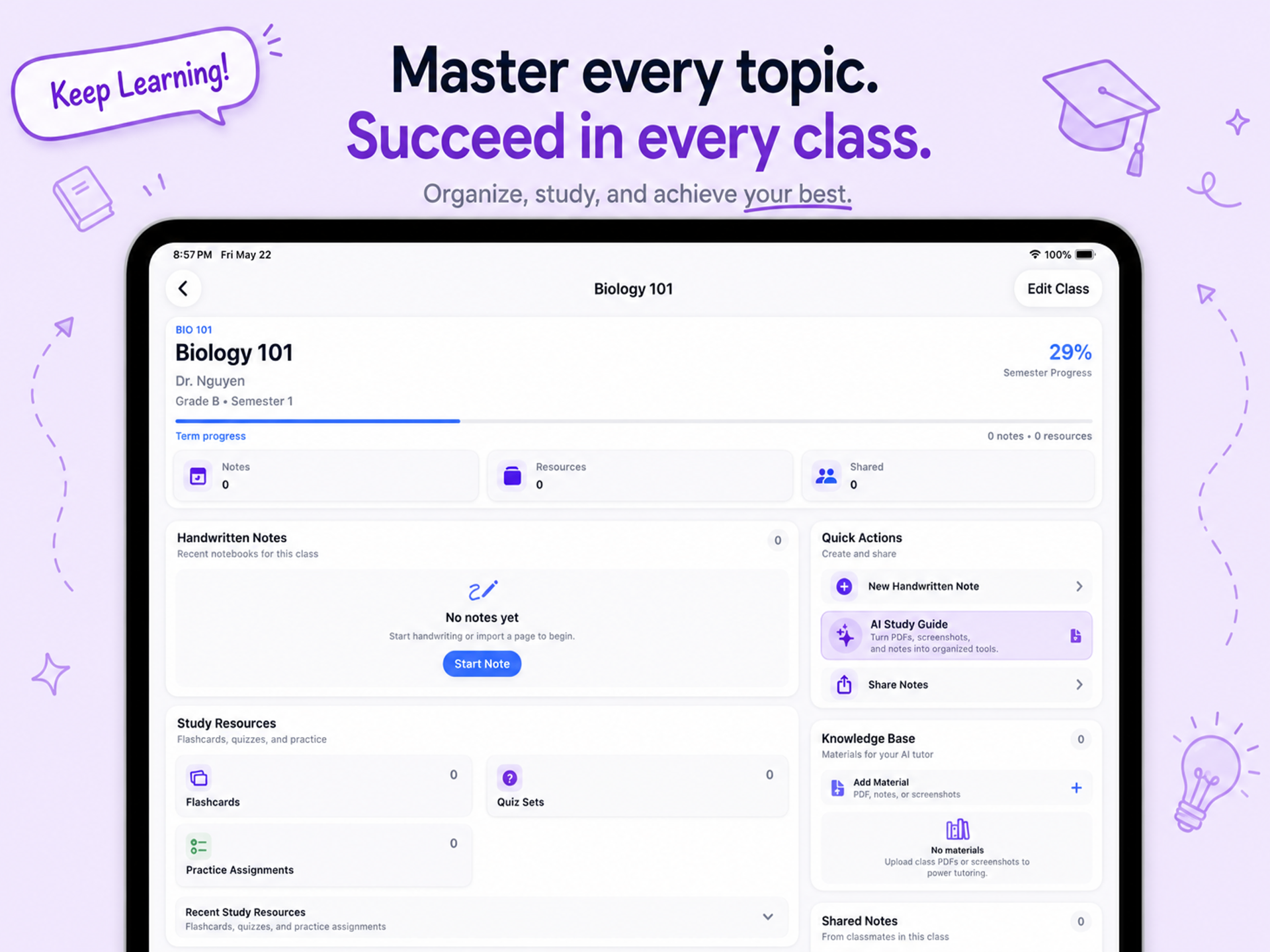 Scholars Notes Biology 101 class view with notes, flashcards, and AI study guide
