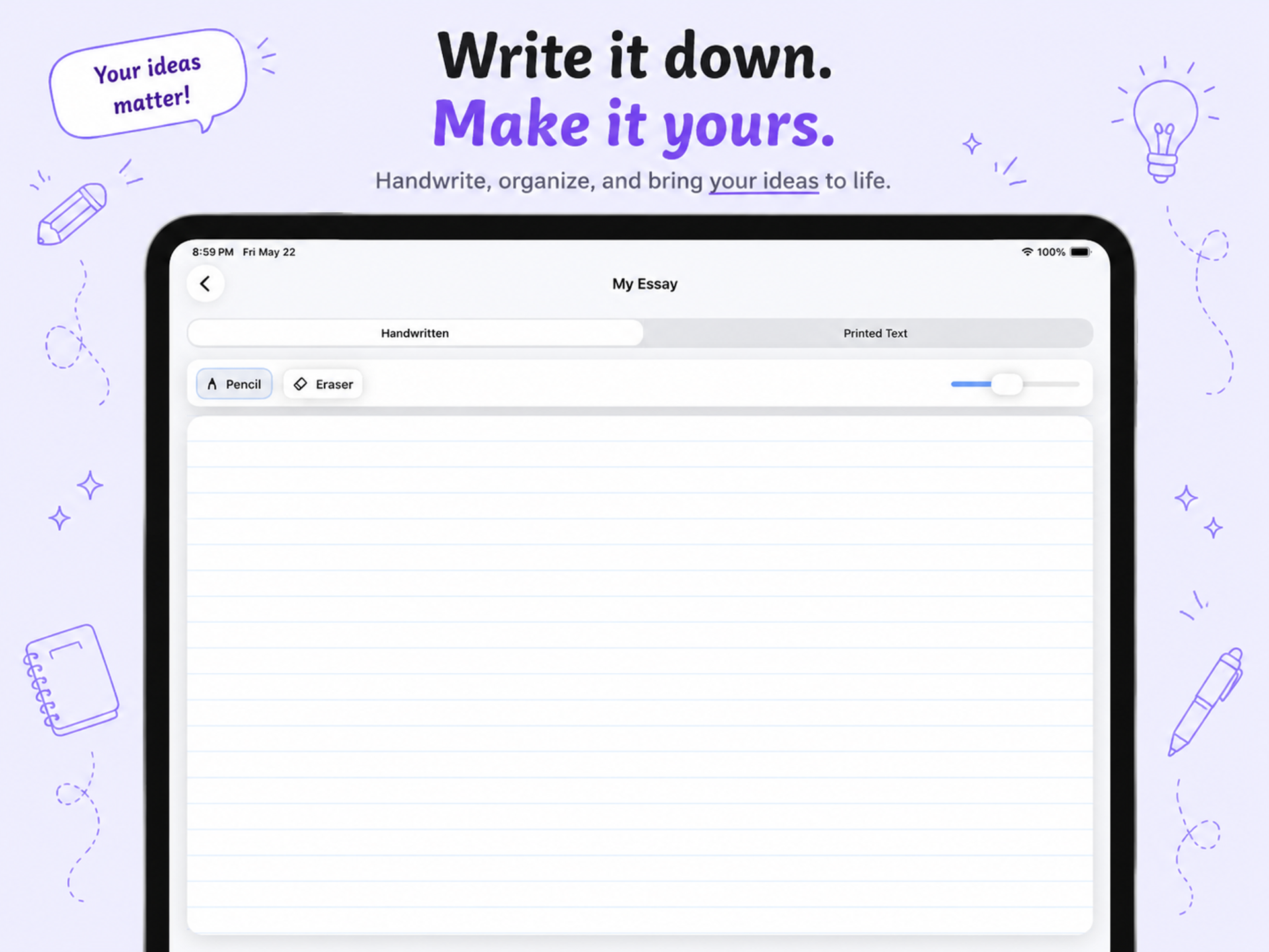 Scholars Notes essay workspace with handwritten lined notebook